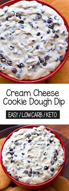 cream cheese cookie dough dip in a red bowl