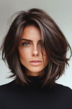 Bob Hairstyles For Long Faces, Shoulder Length Inverted Bob, Chocolate Brown Hair Short, Jayne Matthews, Haircut Ideas For Women, Good Haircut, Retro Styles, Shoulder Length Hair Cuts