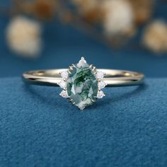 Natural Green Moss Agate Oval cut cluster Engagement Ring Double Diamond, Emerald Cut Moissanite, Moissanite Engagement Ring Solitaire, Unique Bands, Engagement Rings Bridal Sets, Cluster Engagement Ring, Curved Wedding Band, Yellow Gold Engagement Rings, Rose Gold Engagement Ring