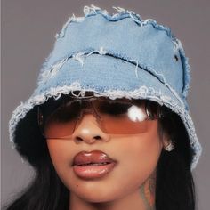 Vintage Blue Colorway Washed Denim Bucket Hat Denim Bucket Hat Outfit Summer, Jean Bucket Hat Outfit, Blue Bucket Hat Outfit, Denim Bucket Hat Outfit, 2000s Party Outfits, Bucket Hat Outfits, Jean Bucket Hat, Hat Outfit Men, Hat Outfit Summer