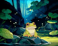 a frog sitting on top of a rock in the middle of a forest with lily pads