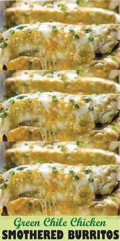 green chile chicken smothered burritos with cheese and chives on top