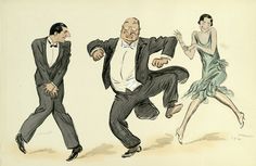 a drawing of two people dressed in formal wear, one is dancing and the other is wearing a tuxedo