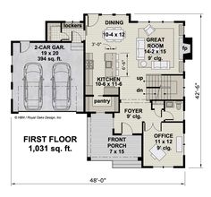 the first floor plan for a home with two car garages and an attached living area