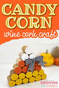 Candy corn wine cork craft Candy Corn Wine Corks, Wine Cork Ghost, Diy Fall Decor Wine Corks, Wine Cork Candy Corn, Cork Pumpkins Fall Crafts, Wine Cork Halloween Crafts, Halloween Wine Cork Crafts, Fall Cork Crafts, Fall Wine Cork Crafts