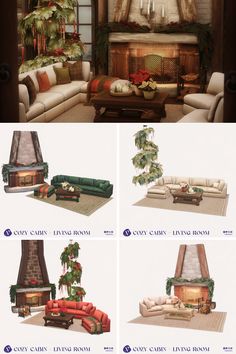 the living room is decorated for christmas with holiday decorations and furniture, as well as fireplaces