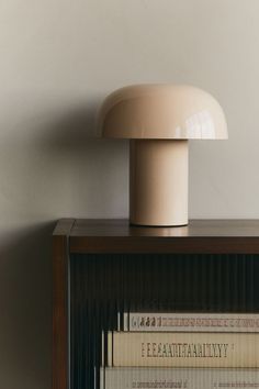 a lamp sitting on top of a book shelf