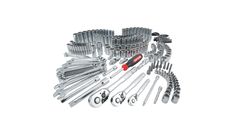 an assortment of tools including wrens, sockets and screwdrivers on a white background