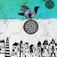 a drawing of a bird flying over a city with lots of buildings and circles around it