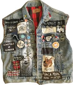 Clothes Redesign, Punk Jean Jacket, Punk Patches Diy, Interesting Aesthetic, Outfits Punk, Embellished Jackets, Crust Pants, Queer Punk, Punk Vest