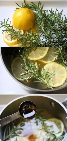 lemons and rosemary are being cooked in a pan with oil on the stove top