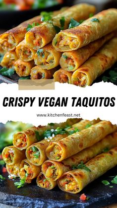 crispy vegan taquitos on a black plate