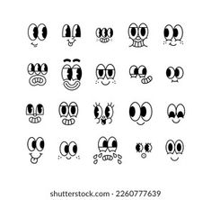 cartoon faces with different expressions on white background, set of 16 emoticions in various shapes and sizes