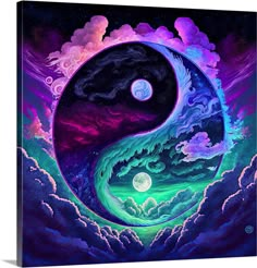 a painting of the yin symbol with clouds in the sky and moon behind it,