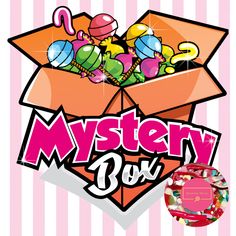 a box filled with lots of candy on top of a pink and white striped background