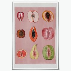 an art print with fruit cut in half on a pink background by corbi