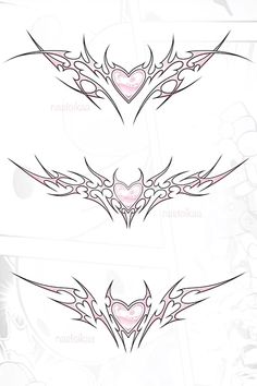 three different types of tattoos with hearts and wings in the shape of heart, on white paper