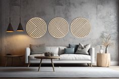 a living room with three circles on the wall and two tables in front of it