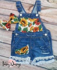 This adorable set comes with a denim distressed sunflower overall Shorts with a matching hair bow! True to size fit! For any questions please reach out! Cute Summer Shortalls Overall, Cute Denim Overalls For Summer, Summer Cotton Distressed Shortalls, Cute Summer Overalls, Upcycle Kids, Woman Costumes, Thrift Flips, Girls Closet, Kids Overalls