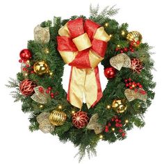 a christmas wreath with red and gold ornaments