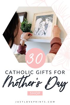 Image of woman setting framed print of Mary, Joseph and Jesus on a hanging wall shelf Catholic Wedding Gifts, Gifts For Mother's Day, Inspirational Prints