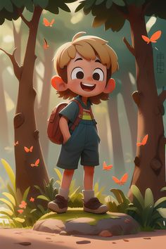 a young boy standing in the middle of a forest with butterflies flying around his head