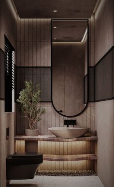 a bath room with a tree in the corner