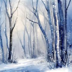 a painting of trees and snow in the woods