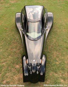 a black sports car sitting on top of a lush green field