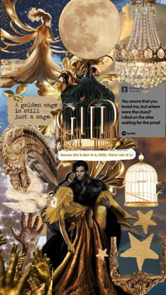 a collage with gold and black items on it, including a birdcage