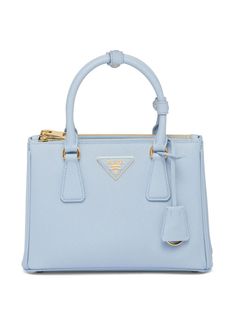 light blue calf leather enamel triangle logo gold-tone hardware logo tag circular top handles top zip fastening partitioned compartment internal logo stamp Prada Galleria Bag, Prada Tote Bag, Small Tote Bag, Fancy Bags, Small Tote, Crossbody Tote, Tote Bag Design, Blue Bags, Prada Bag