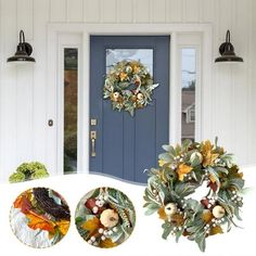 a blue front door with two wreaths on it and three other decorations in front