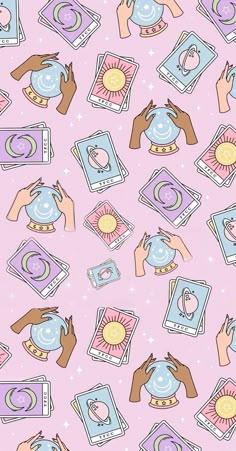 a pink background with many different types of items and hands holding teapots on it