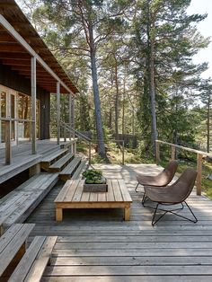 a wooden deck with two chairs and a coffee table on it, in front of some trees