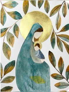 a painting of a blue bird with leaves around it's neck and head, in front of a white background