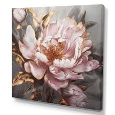 a white and pink flower with gold leaves on a black background canvas wall art print