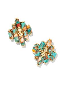 Designed with elongated, genuine stone beads and metallic details inspired by nature, the Ember Gold Statement Stud Earrings in Bronze Veined Turquoise Magnesite Red Oyster are a sophisticated take on the more-is-more trend. Fresh, fun, and ready for anything—it’s easy to see why these are a pair you’ll keep coming back to. These earrings are part of Yellow Rose by Kendra Scott—a brand that celebrates the American Southwest with Kendra Scott staples alongside select curated jewelry pieces and ac Statement Stud Earrings, Bolo Necklace, Western Earrings, Gold Statement Earrings, American Southwest, White Howlite, Gold Fashion, Bronze Color, Yellow Rose