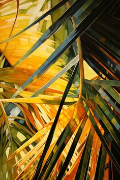 an abstract painting of palm leaves in yellow, green and orange colors on a black background