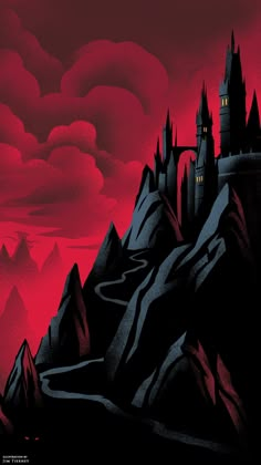 a red and black illustration of a castle on top of a mountain