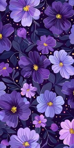 purple flowers on a black background with gold dots and sparkles in the bottom right corner