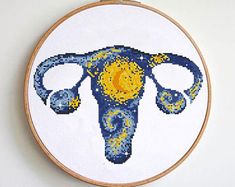 a cross stitch pattern with an animal's head in blue and yellow, on a white background