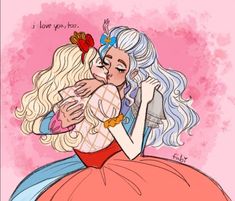 a drawing of a woman hugging a man with long hair and wearing a princess costume