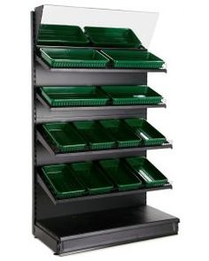 an empty shelf with green trays on it