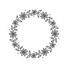 a black and white drawing of a circle with flowers in the center on a white background