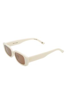 Sleek rectangular frames fitted with smoky lenses bring ultracool vibes to these modern sunglasses that provide full-coverage UV protection. 51mm lens width; 21mm bridge width; 142mm temple length   100% UV protection   Recycled acrylic   Imported Preppy Glasses, White Sunnies, Cream Sunglasses, Modern Sunglasses, White Sunglasses, Rectangular Sunglasses, Christmas List, Uv Protection, Temple