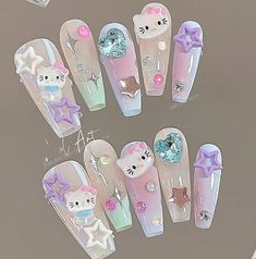 Y2K Sanrios Kuromi Wearing Armor Hello Kitty Cinnamoroll Melody Charm False Nail Detachable Manicure Cinnamoroll Nails, Nails Y2k, Long Nail Art, Kitty Nails, Heart Bubbles, Anime Nails, Acrylic Press On Nails, Y2k Nails