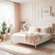 a white bed sitting in a bedroom next to a pink rug and potted plants