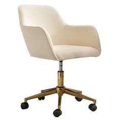 a white office chair with wheels and casteors