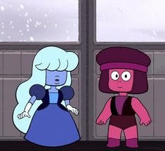 an animated character standing next to another character in front of a window with snow falling on the ground