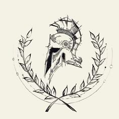 a black and white drawing of a helmet on top of a leafy branch with an arrow